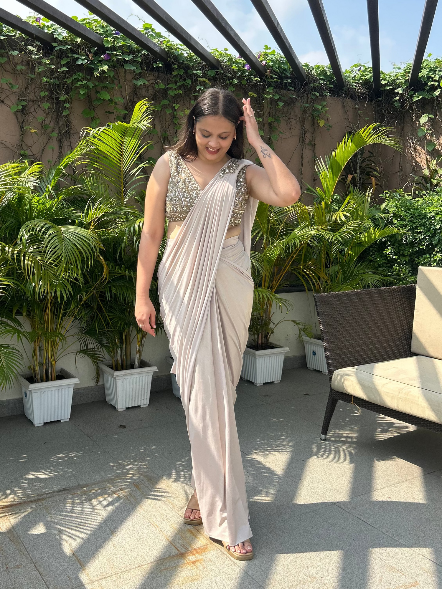 bridesmaid ready or perfect for cocktails in classy and easy to wear stitched / drape saree