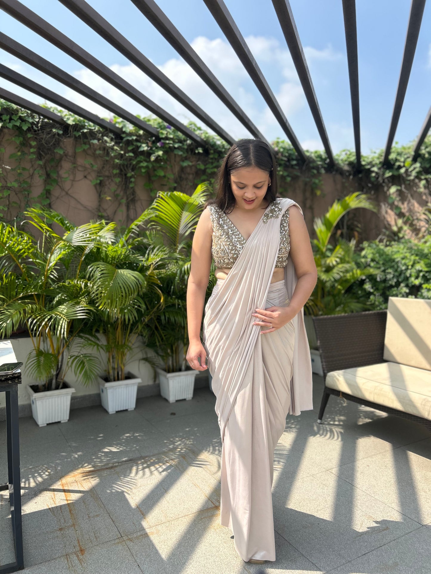 Nora Champagne Drape Saree – Cocktail & Bridesmaid Outfit
