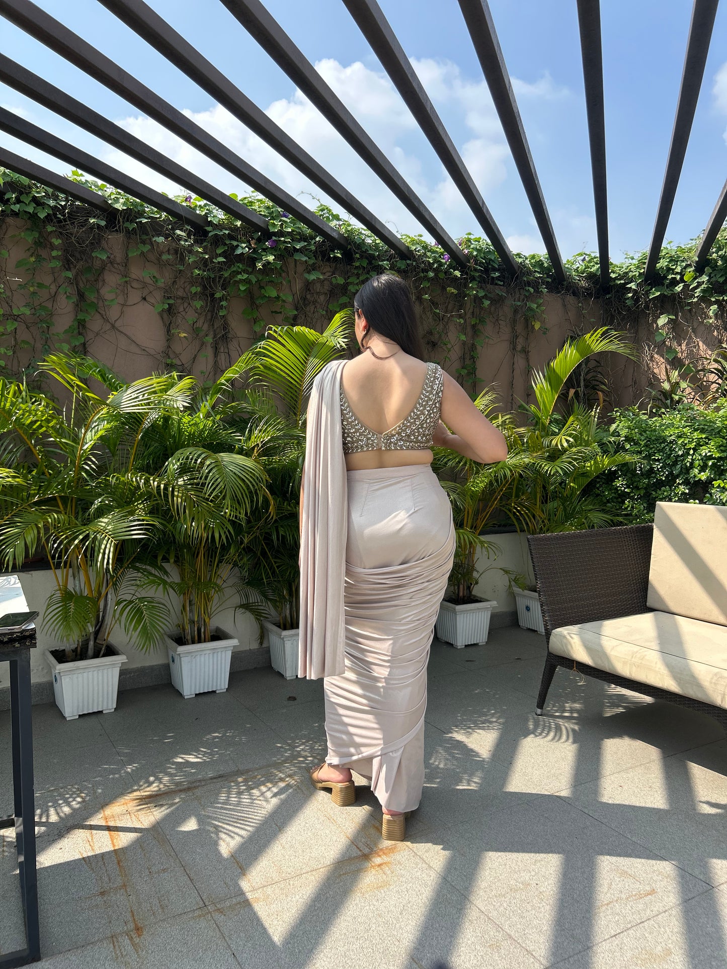 Nora Champagne Drape Saree – Cocktail & Bridesmaid Outfit