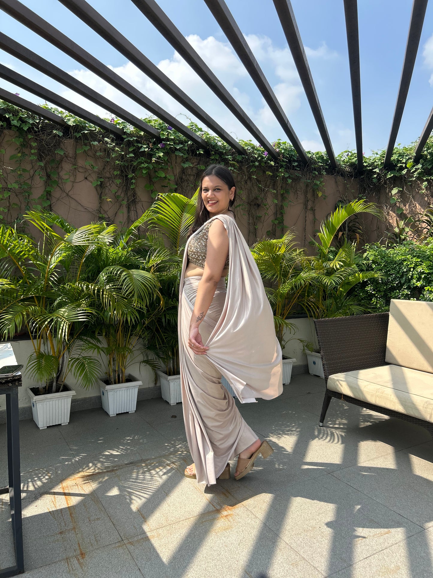 Nora Champagne Drape Saree – Cocktail & Bridesmaid Outfit