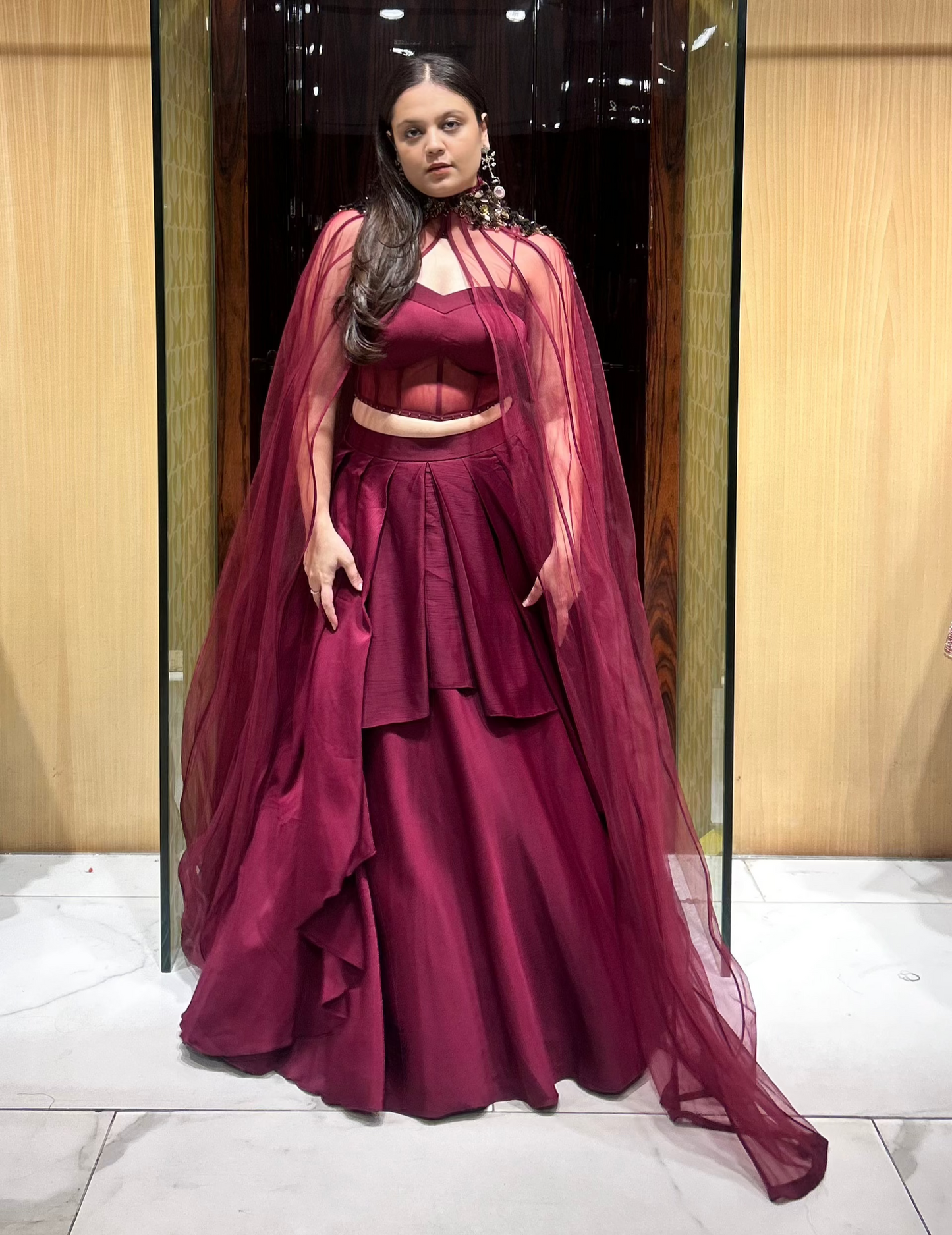 Nora – Maroon Corset Blouse, Designer Cape with Layered Skirt