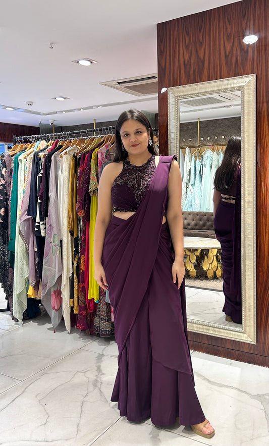 Arya Wine Pre-Stitched Drape Saree