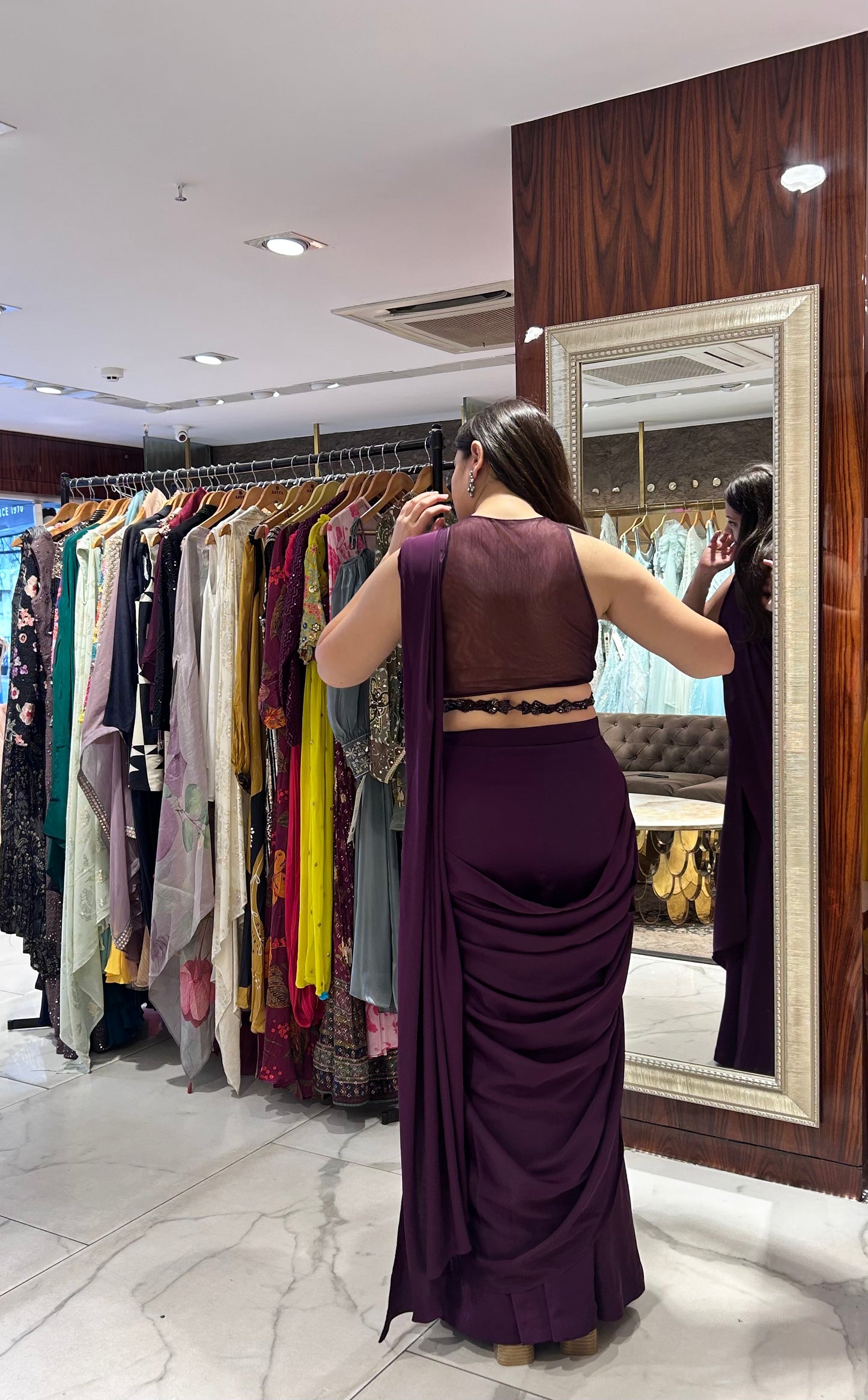 Arya Wine Pre-Stitched Drape Saree