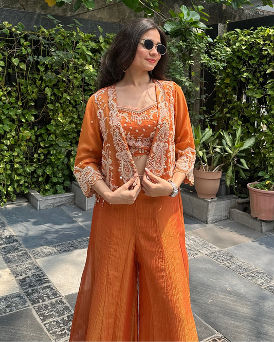 Rust crushed tissue Indo-western palazzo set with embroidered blouse and jacket for mehendi and sangeet events – Sierra