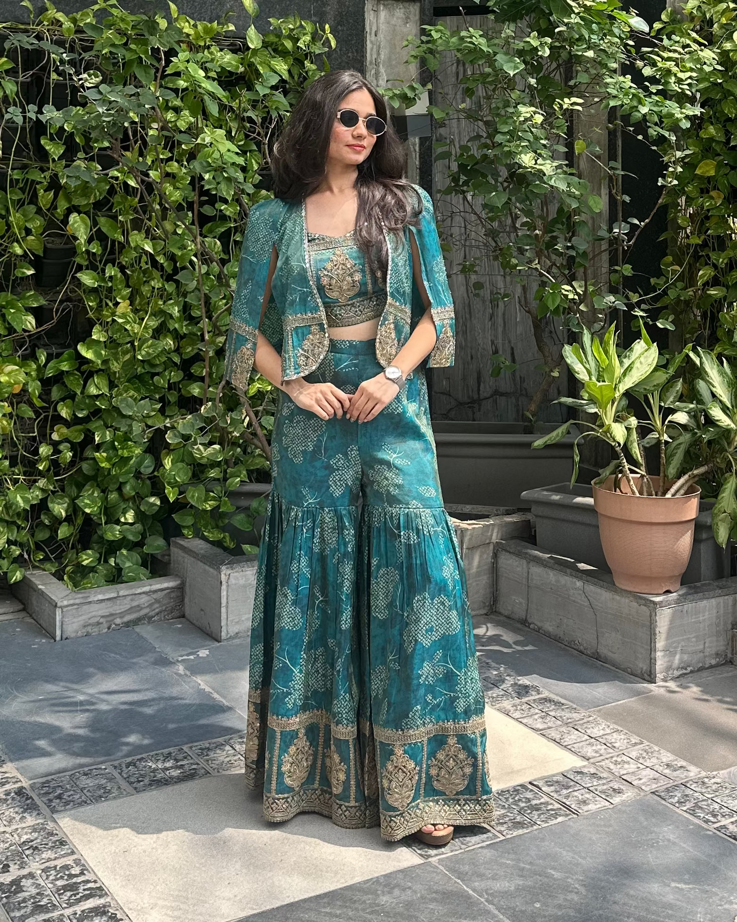 Indo-western designer outfit for mehendi, haldi, carnival, pool party