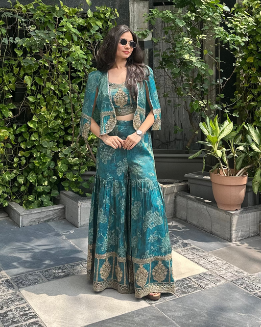 Indo-western designer outfit for mehendi, haldi, carnival, pool party