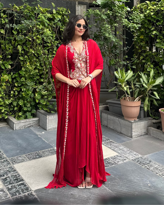 Red designer indo-western for bhaat, maayra, kirtan, carnival, mehendi, trousseau