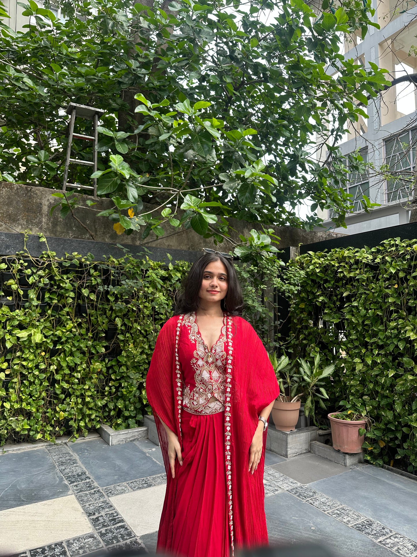 Trish Red Indo-Western Cape Skirt Set with Zardosi Jacket Top