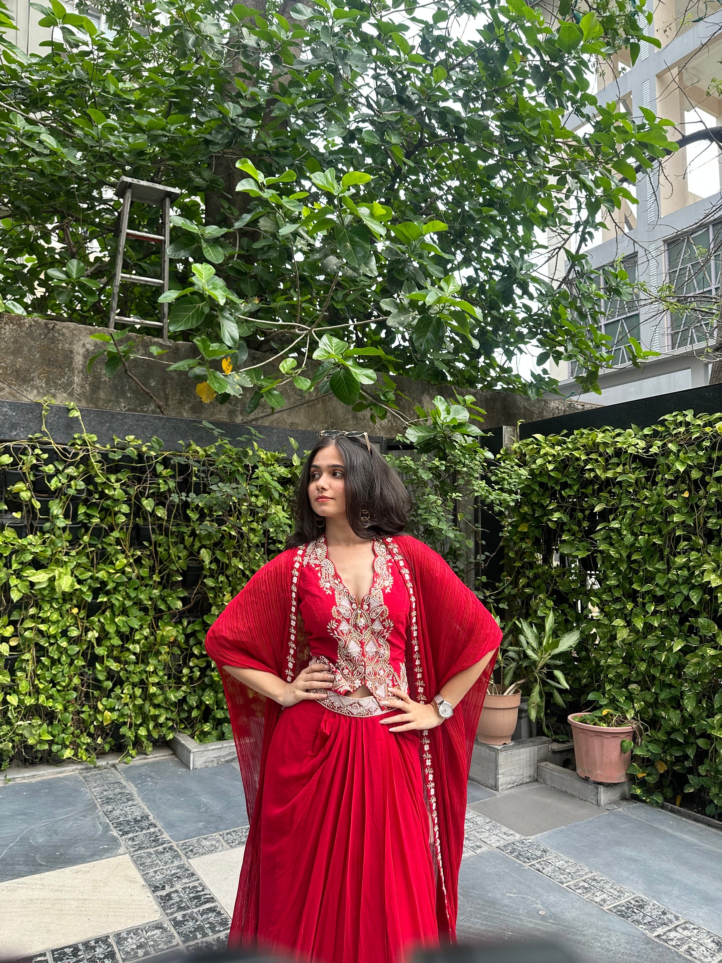 Trish Red Indo-Western Cape Skirt Set with Zardosi Jacket Top
