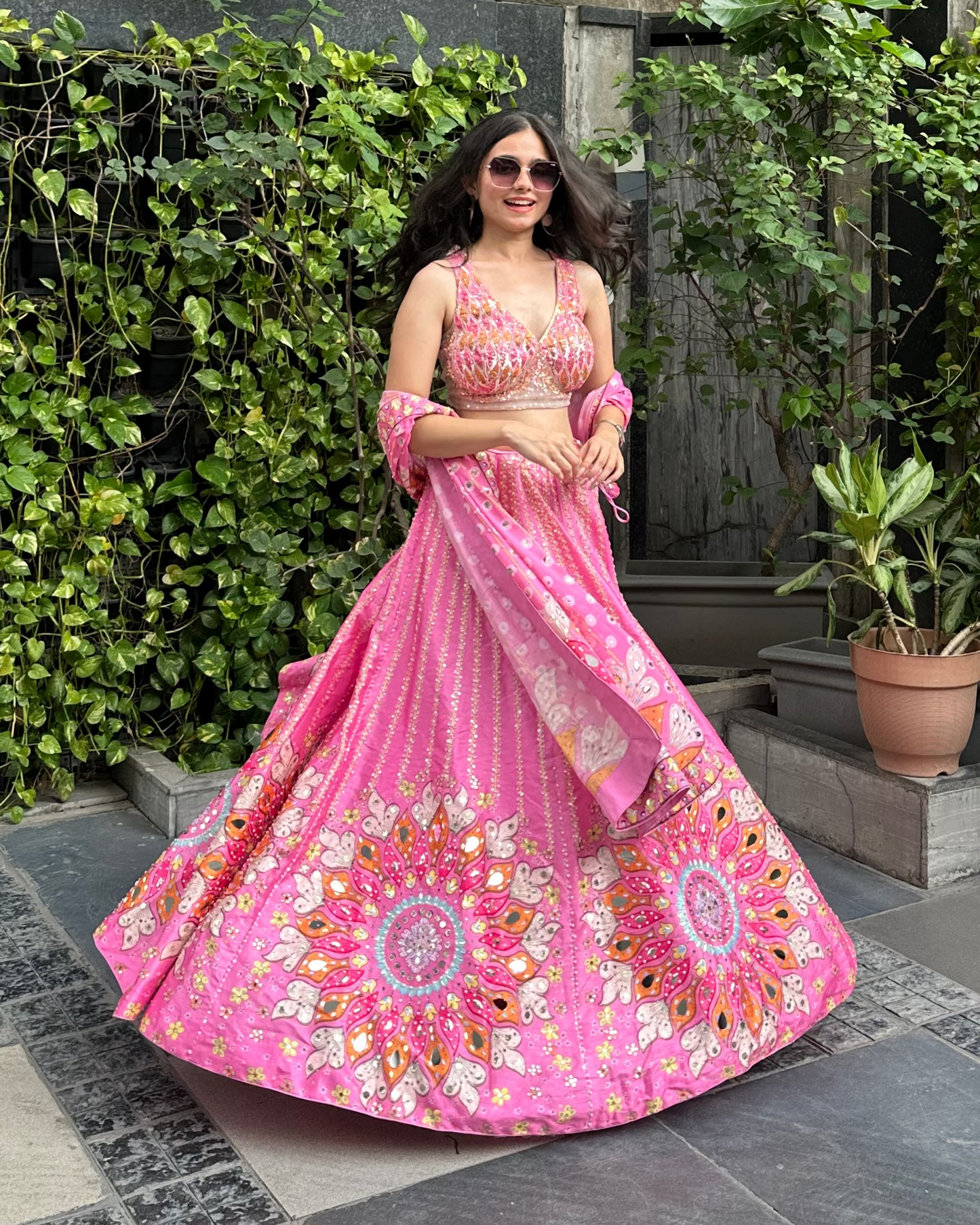 Pink floral girly multicoloured designer lehenga for carnival, mehendi, haldi, 