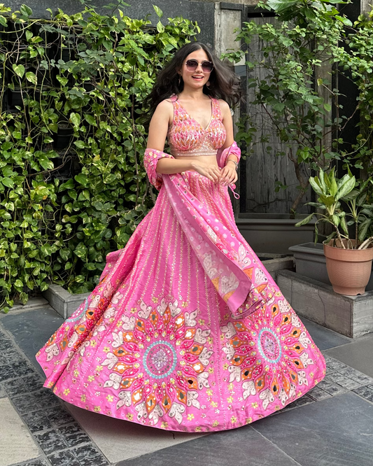 Pink floral girly multicoloured designer lehenga for carnival, mehendi, haldi, 