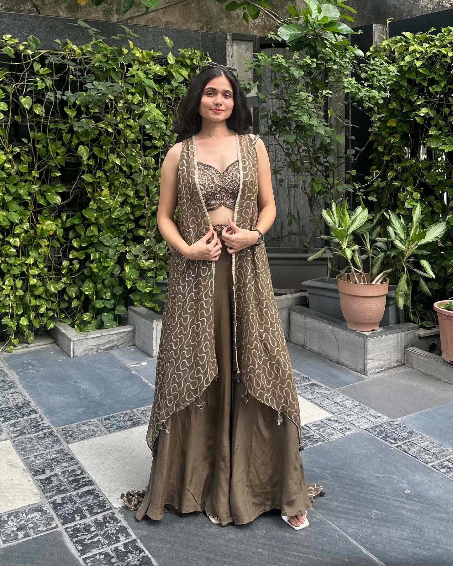 Coffee coloured indo-western designer cape outfit for sufi, dinners, cocktails, sangeet 