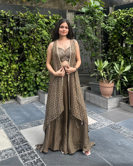Coffee coloured indo-western designer cape outfit for sufi, dinners, cocktails, sangeet 