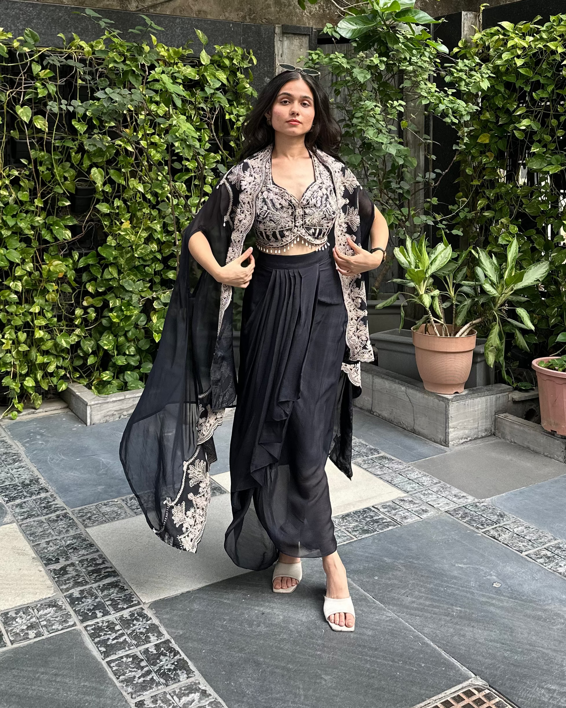 Black cape set designer outfit for cocktail, dinners, sufi night, sangeet, after partes