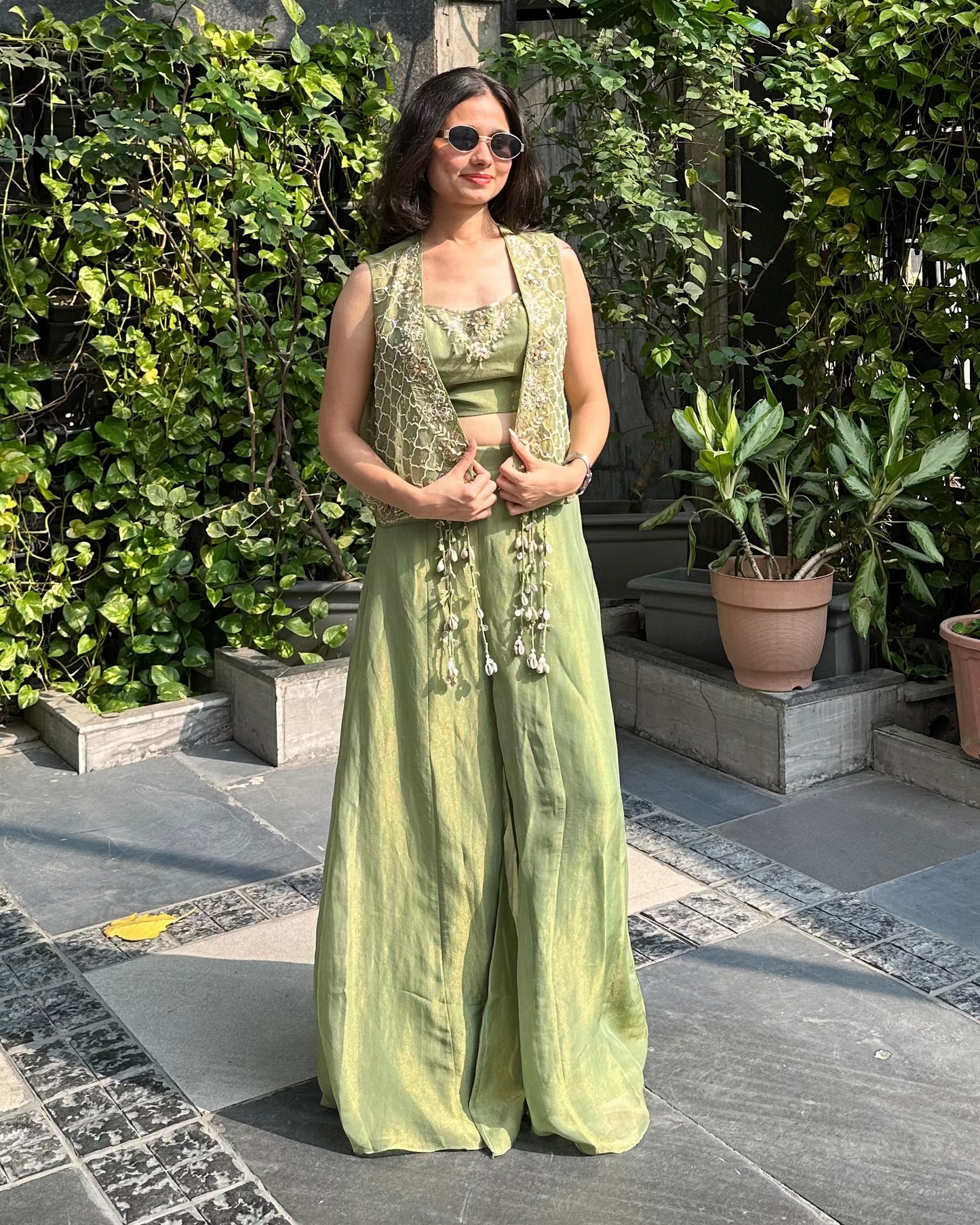 Green indo-western designer outfit for mehendi, carnival