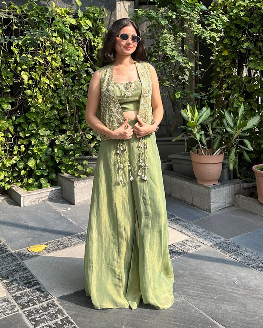 Green indo-western designer outfit for mehendi, carnival