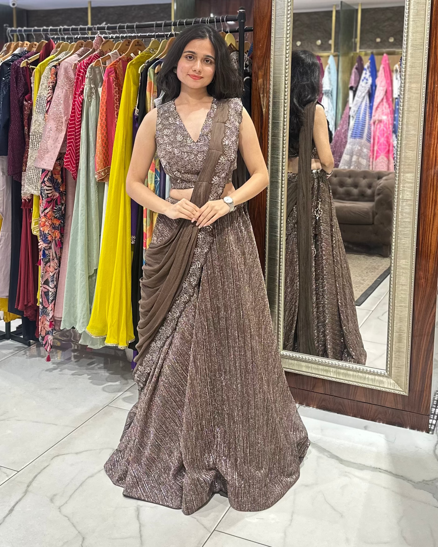 Designer drape lehenga for sufi, sangeet, bridesmaids, engagement
