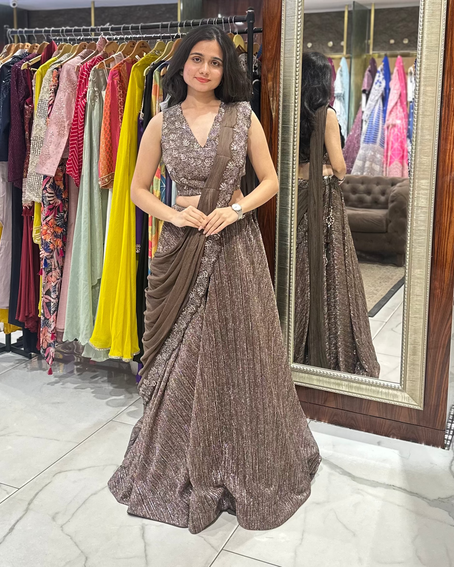 Designer drape lehenga for sufi, sangeet, bridesmaids, engagement