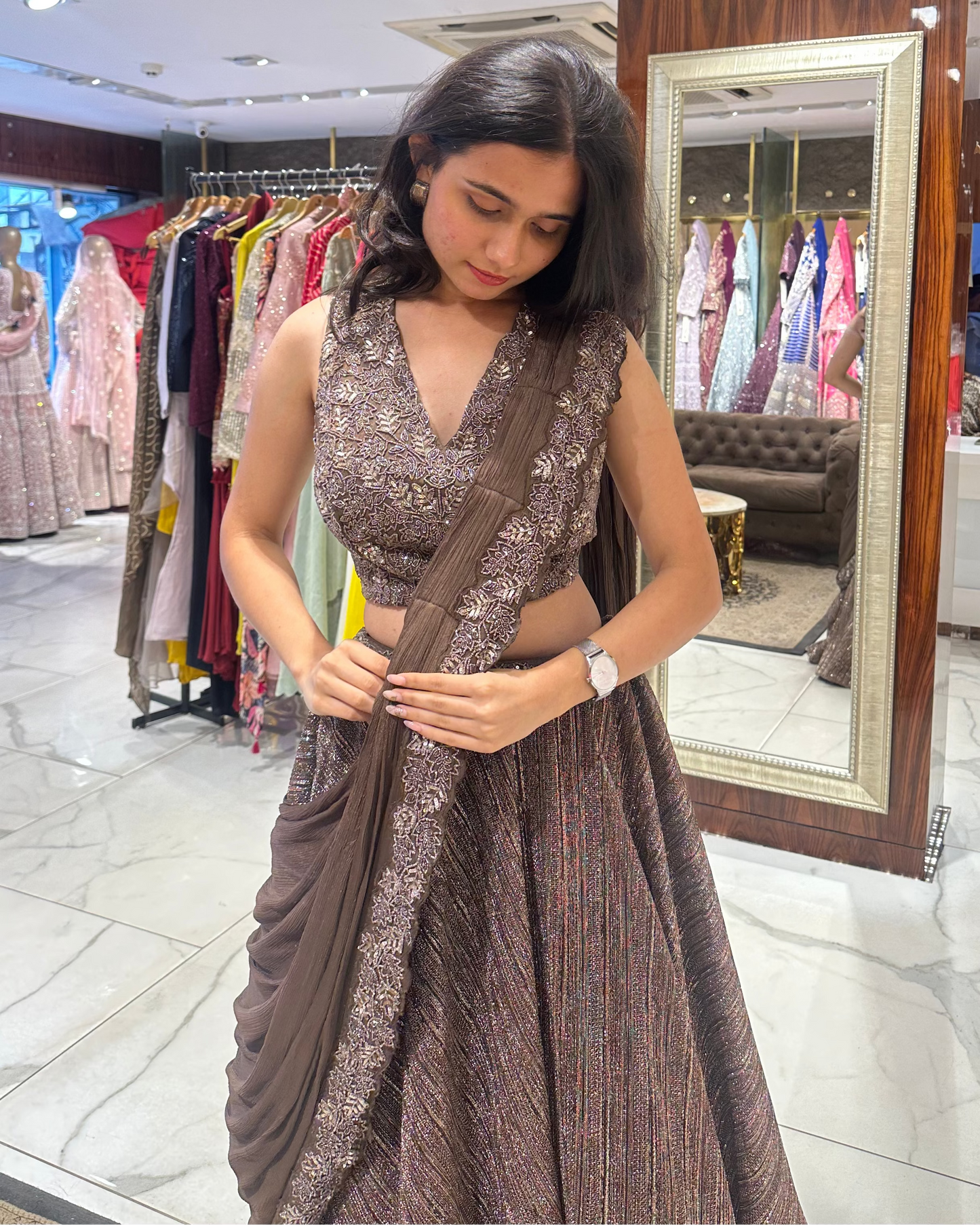 Metallic bronze indo-western drape lehenga with embroidered organza blouse and scalloped detailing by House of Ajita