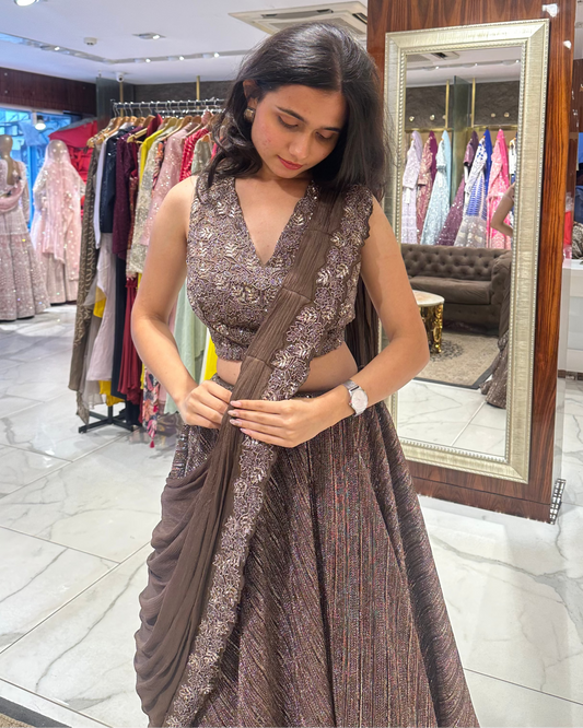 Metallic bronze indo-western drape lehenga with embroidered organza blouse and scalloped detailing by House of Ajita