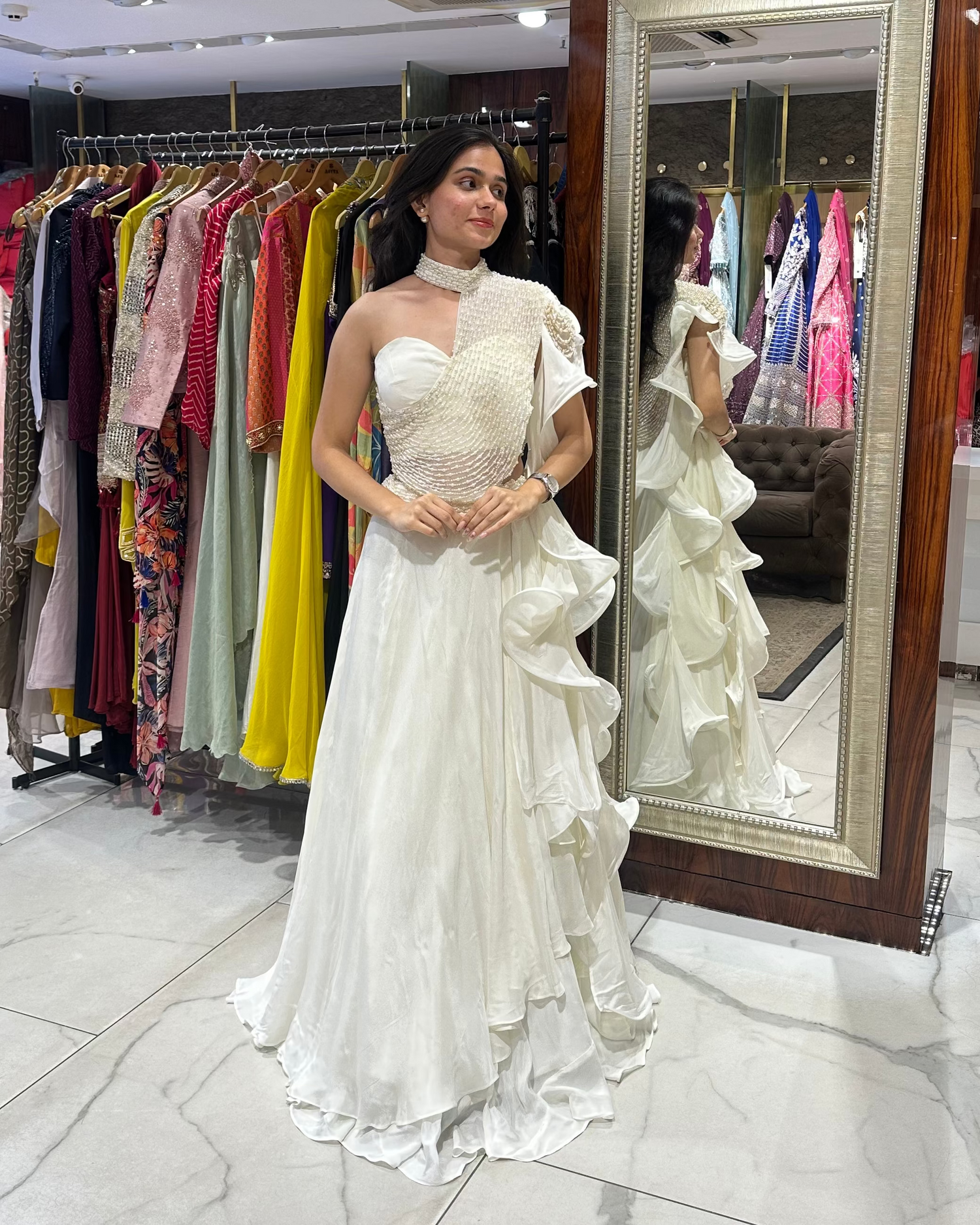 Ivory indo-western girly lehenga for sangeet, bridesmaids, sufi night, dinner, cocktail, engagement