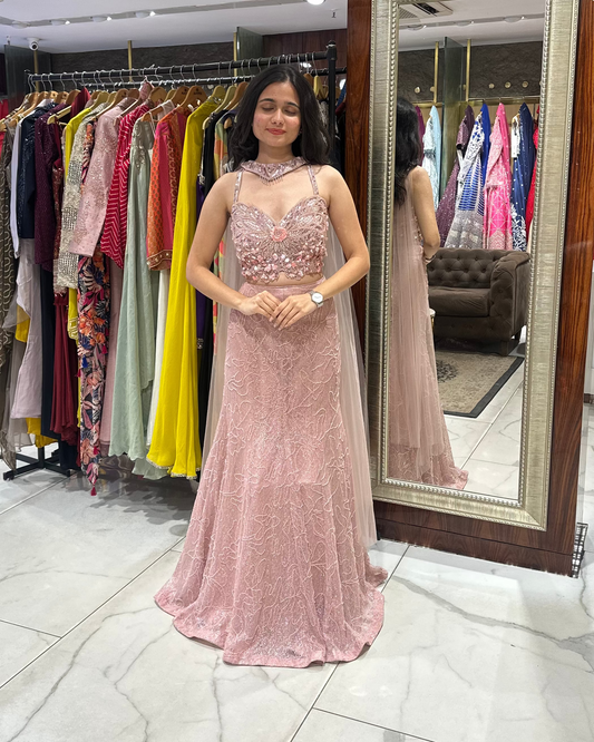 Fish cut pink designer lehenga for bridesmaids, carnival, sangeet, engagement