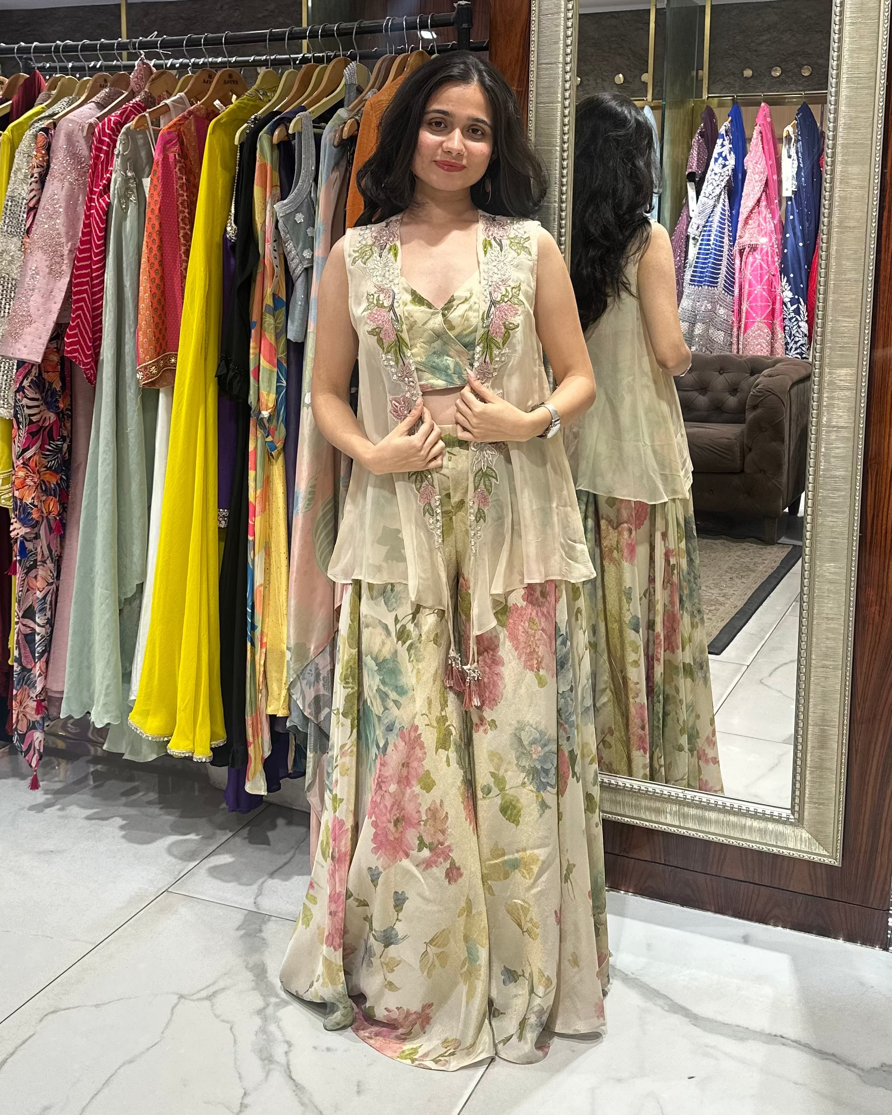 Floral indo-western designer outfit for mehendi, haldi, carnival