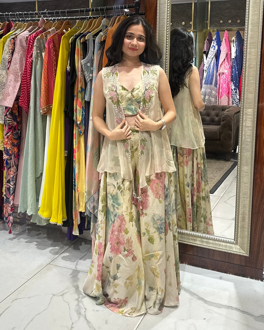 Floral indo-western designer outfit for mehendi, haldi, carnival