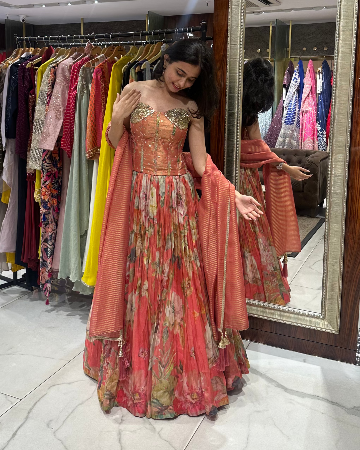 Peach Pink Floral Corset Lehenga designer vibe