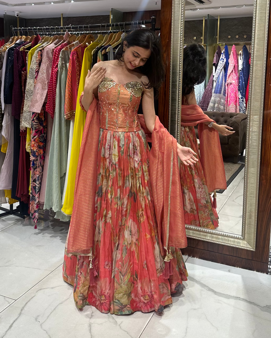 Peach Pink Floral Corset Lehenga designer vibe