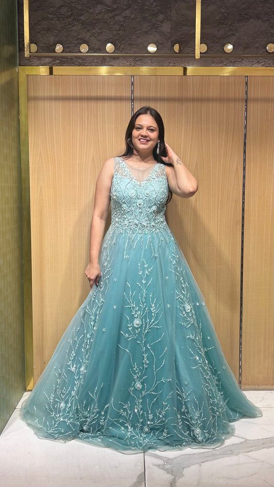 Liara Blueish Green Embroidered Net Gown