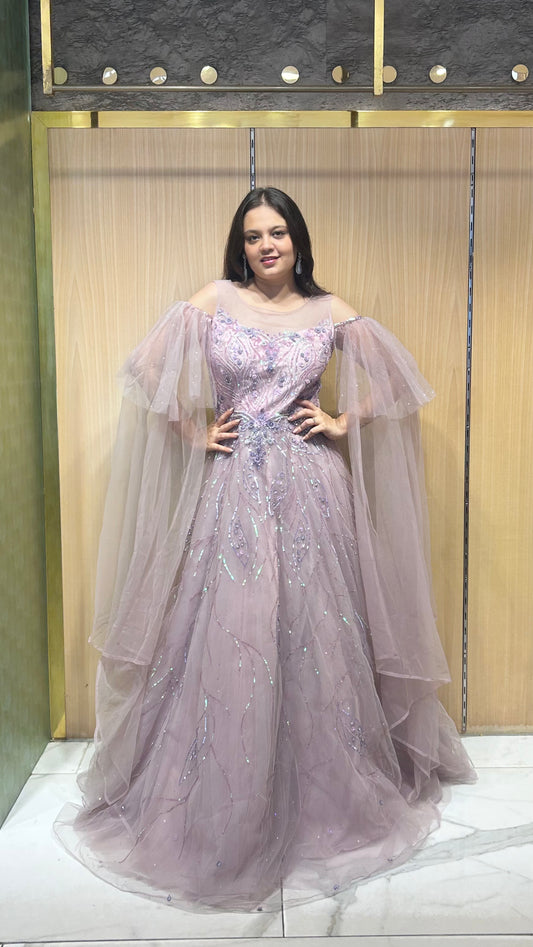 Ravya Dusty Lilac Embroidered Gown with Angel Sleeves