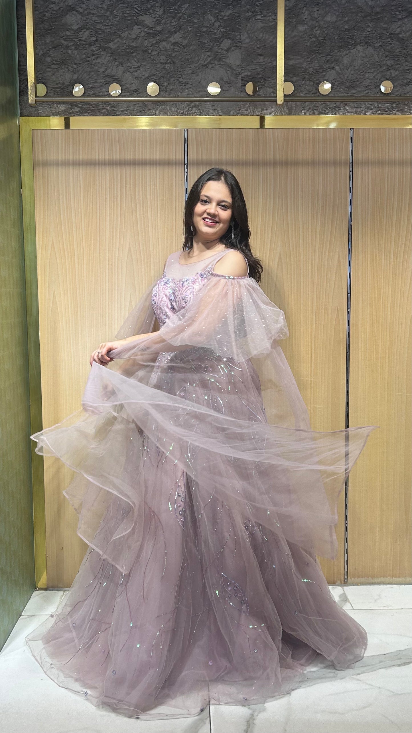 Ravya Dusty Lilac Embroidered Gown with Angel Sleeves