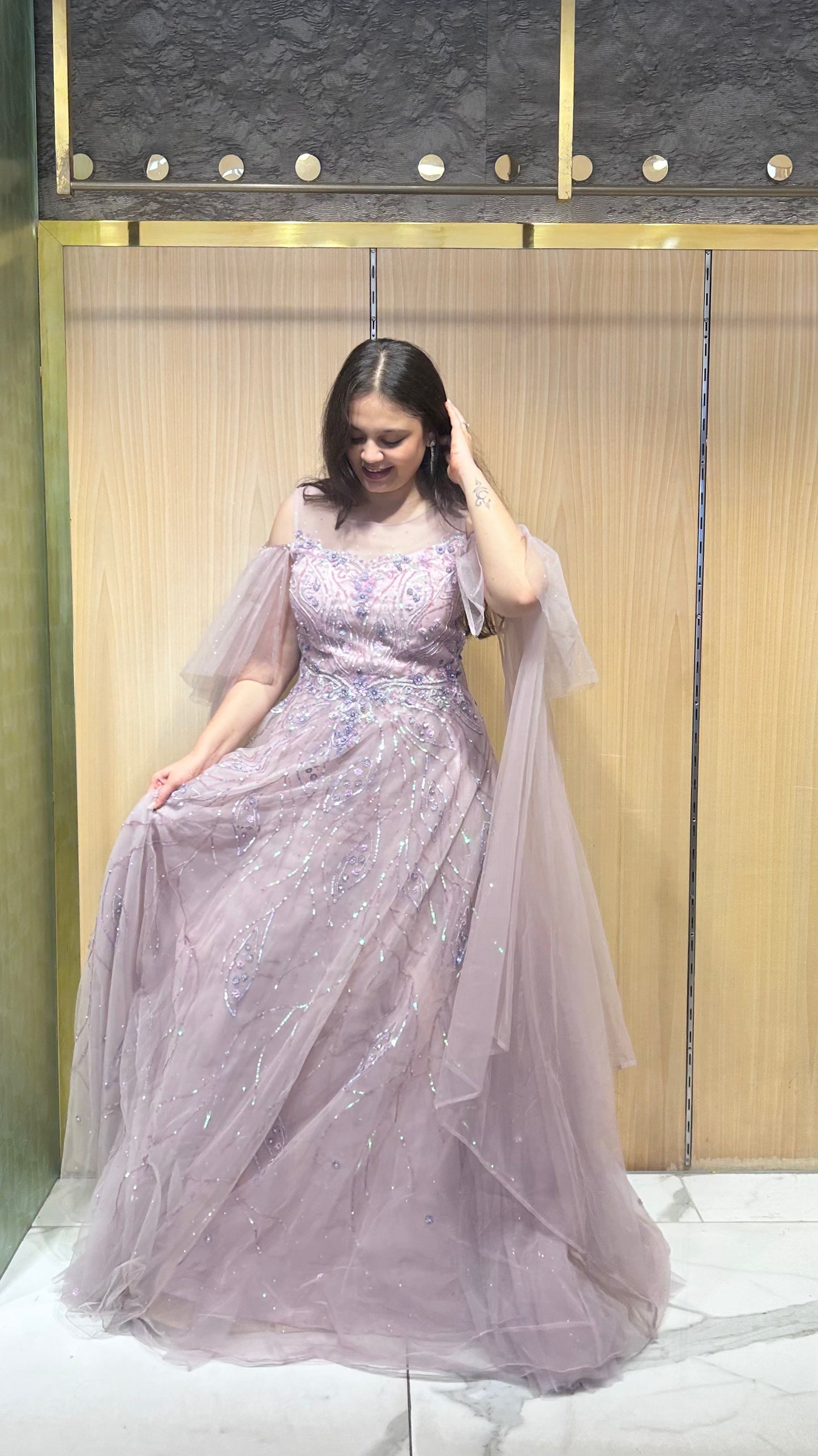 Ravya Dusty Lilac Embroidered Gown with Angel Sleeves