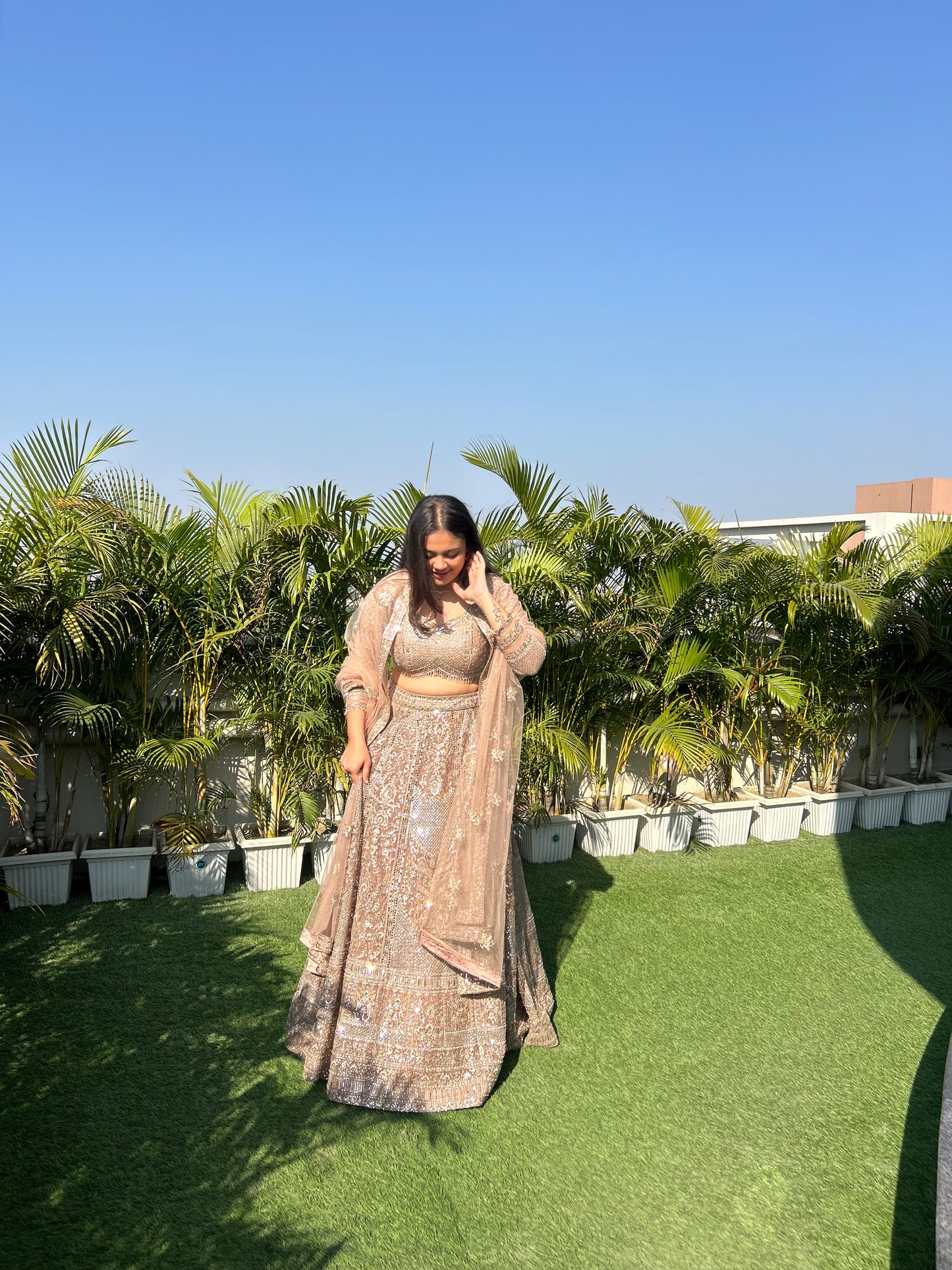 Kia Rose Gold Heavy Embroidered Pearl & Mirror Lehenga