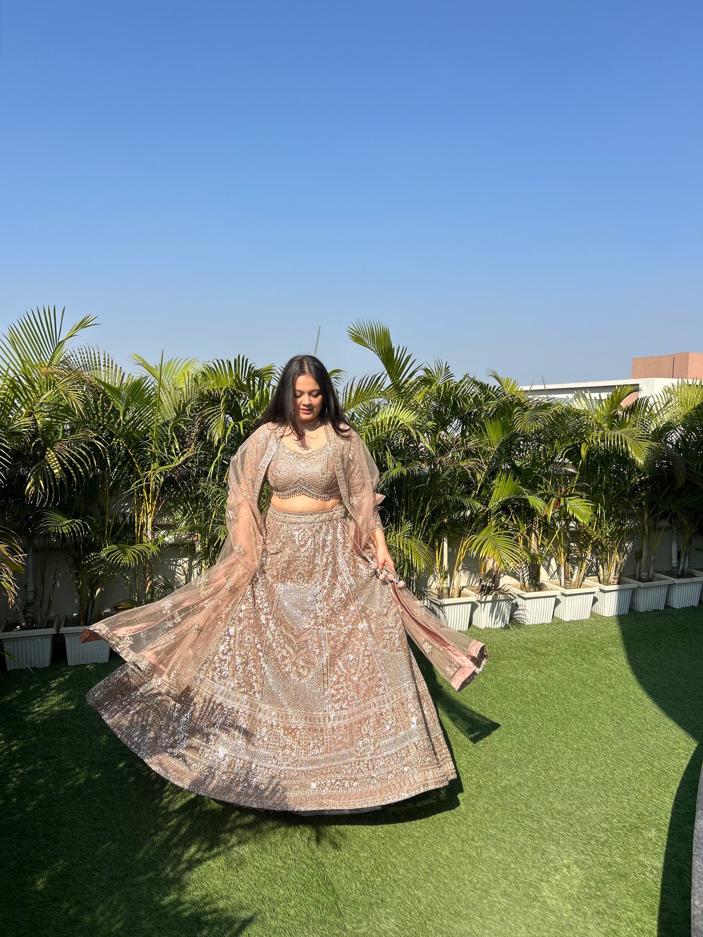 Kia Rose Gold Heavy Embroidered Pearl & Mirror Lehenga