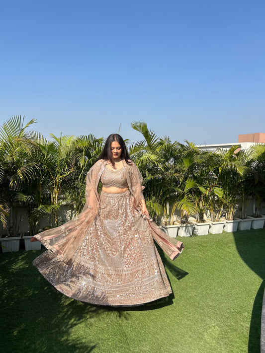 Kia Rose Gold Heavy Embroidered Pearl & Mirror Lehenga