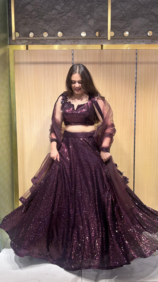 Ziyana Wine Sequin & Crystal Semi-Bridal Lehenga Set