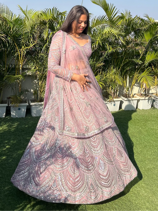 Designer inspired heavy embroidered semi-bridal sider lehenga for sangeet, reception, engagement or bridesmaids and mothers look for the wedding