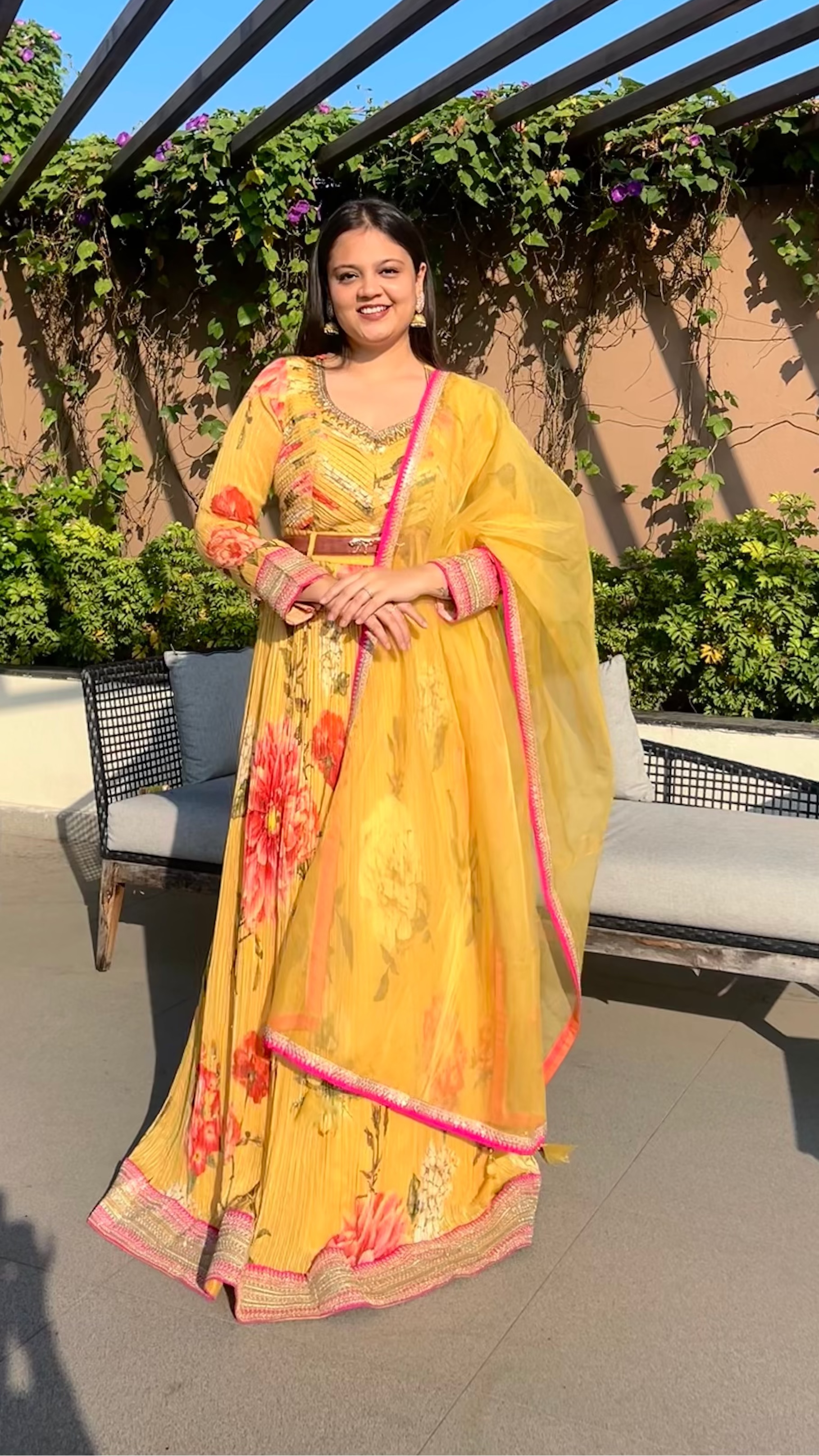 Sabya inspired designer outfit: Anarkali with detachable belt. Multicoloured floral vibe for haldi, mehendi, carnival