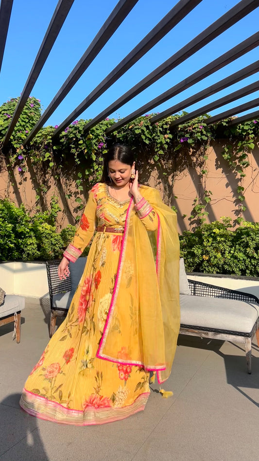 Sachi Designer Floral Anarkali Gown with Tiger Belt