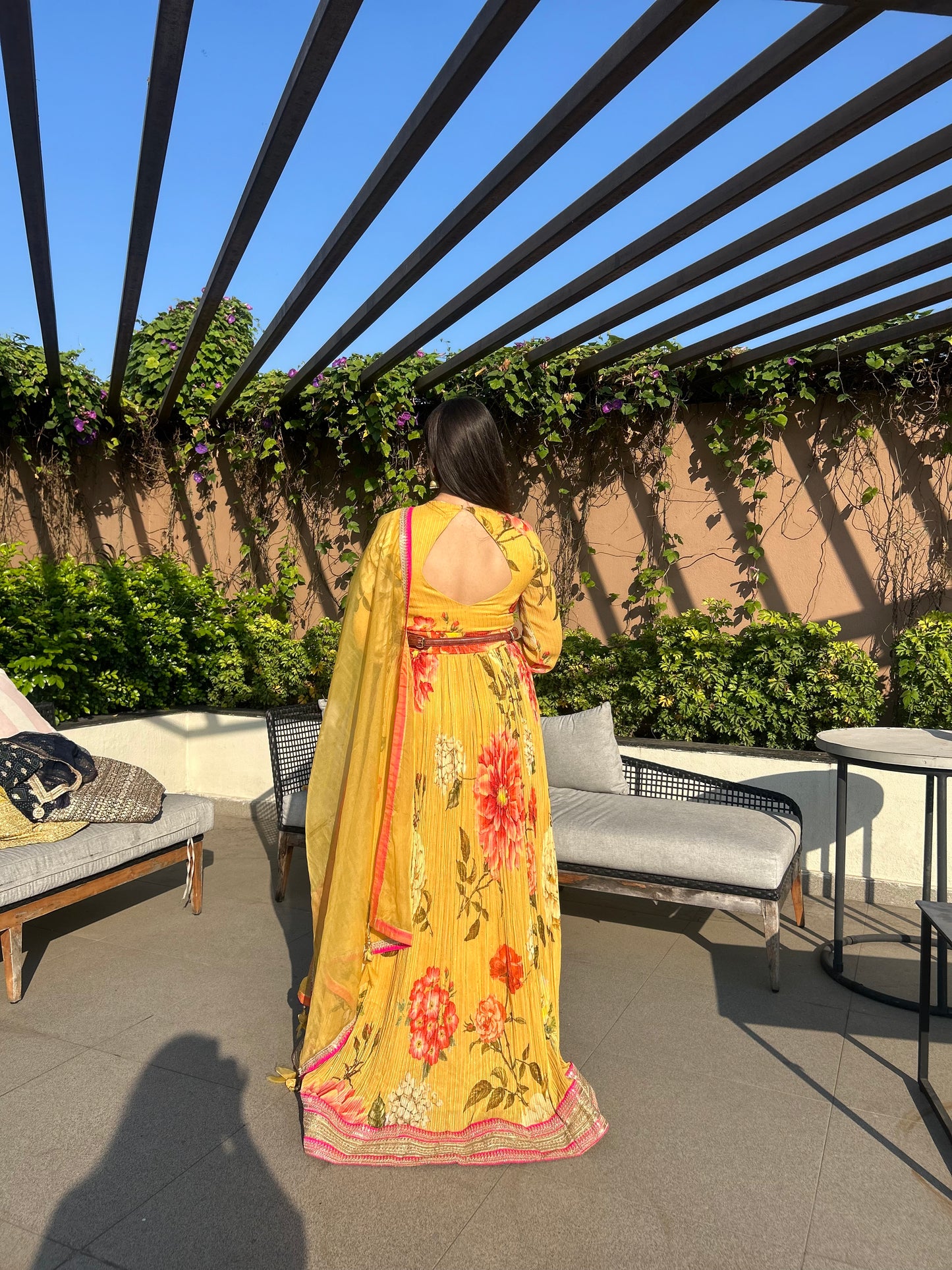 Sachi Designer Floral Anarkali Gown with Tiger Belt