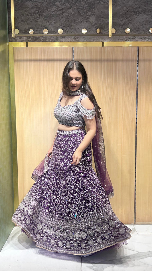 Yara Purple Mirror-Embroidered Semi-Bridal Lehenga Set