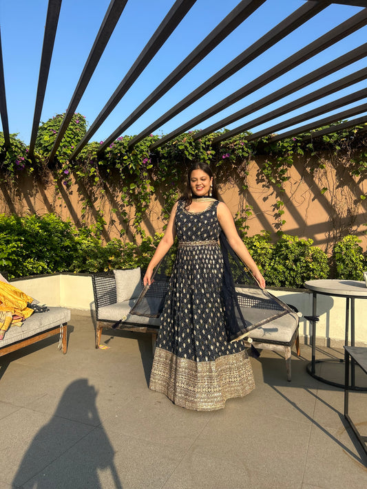 Xiti Navy Blue Sequinned Anarkali Gown with Belt