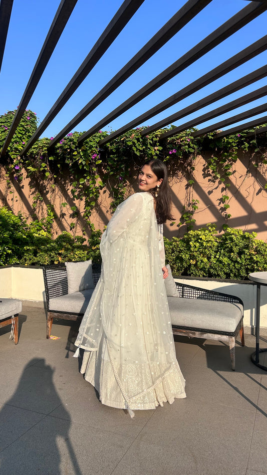 Celine – Ivory Lucknowi Chikankari Georgette Anarkali with Dupatta