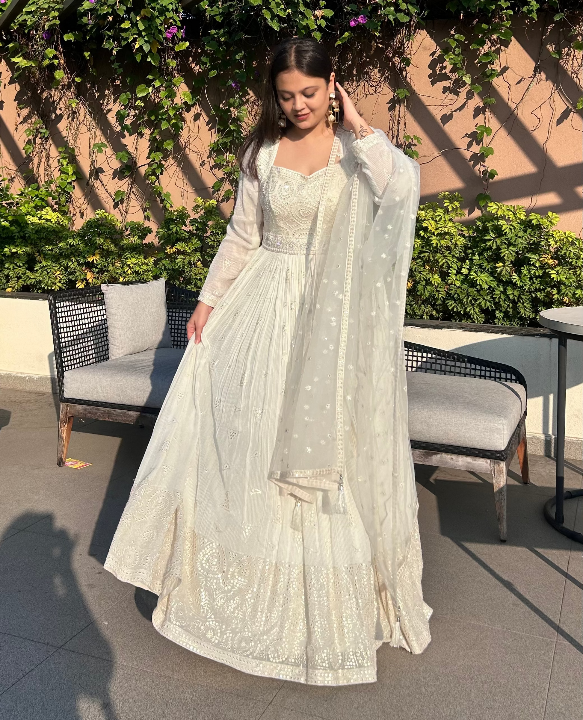 Designer White Anarkali Gown set perfect for Sufi night, sangeet, musical evenings and trousseau