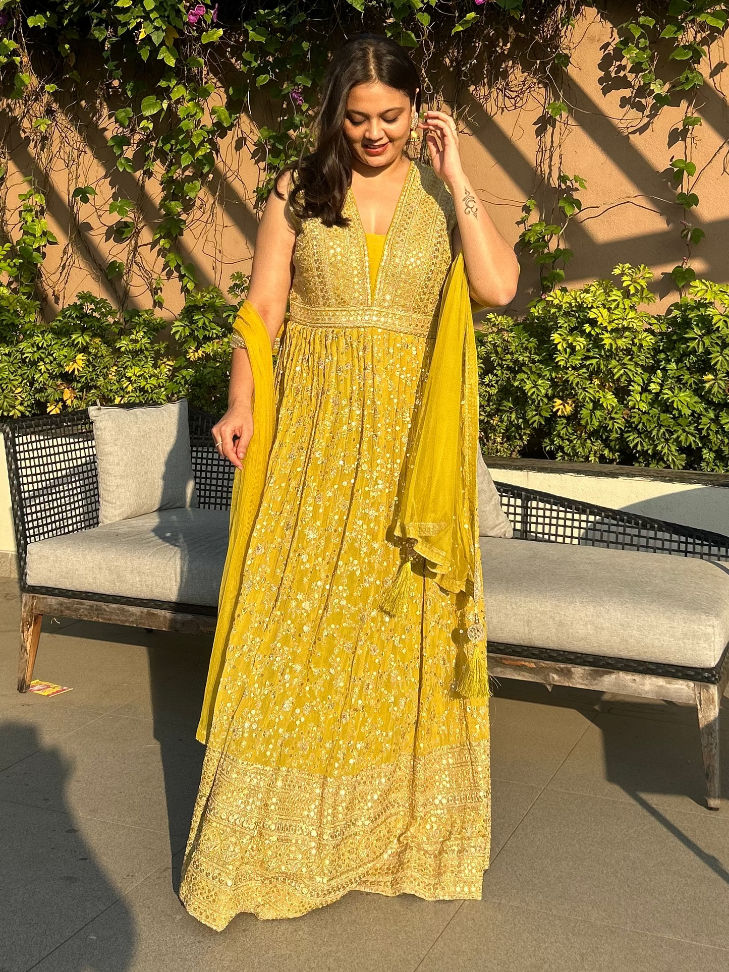 Designer inspired Haldi, Mehendi, Carnival outfit for brides, bridesmaids and trousseau.