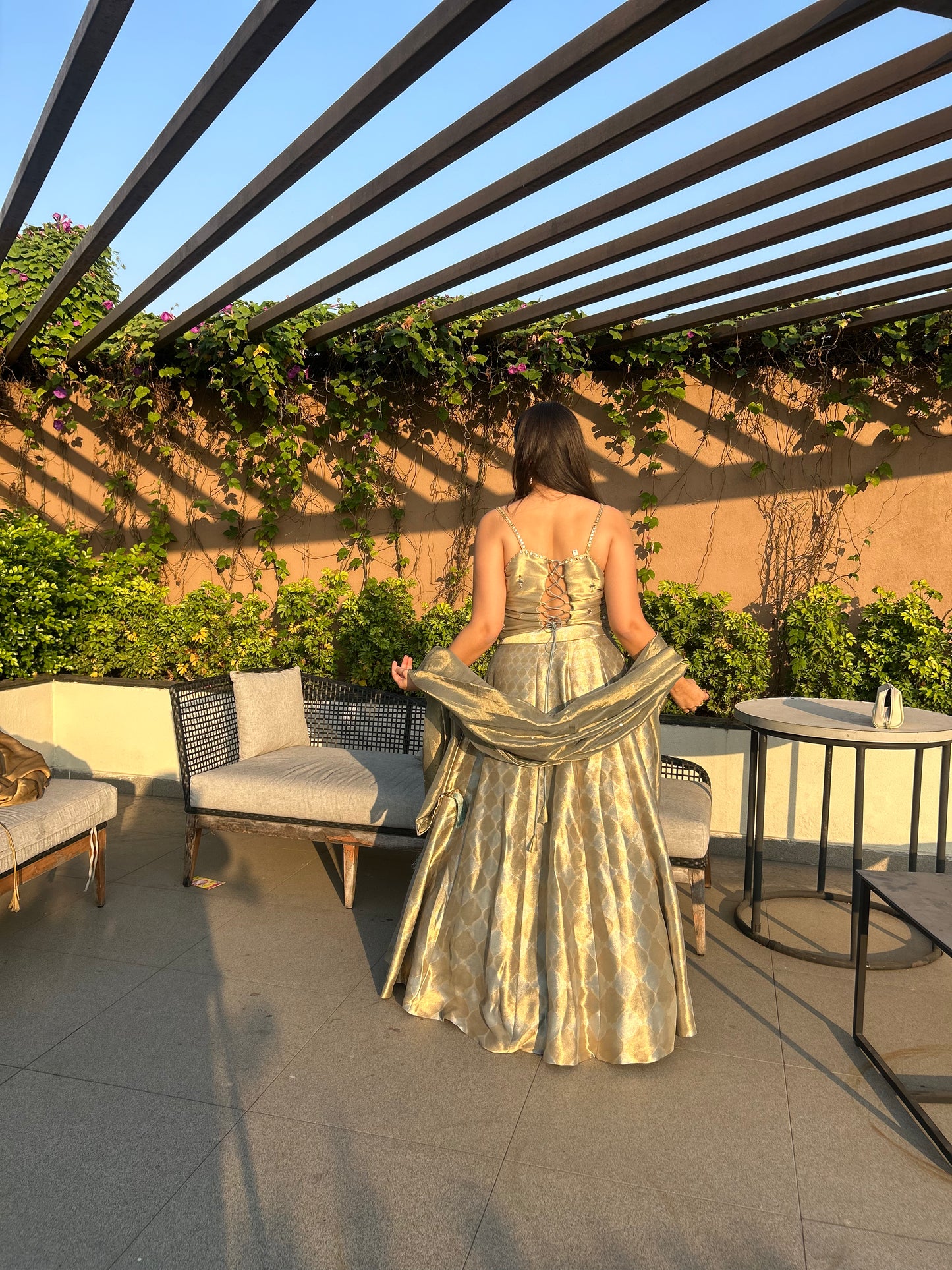 Meluha – Grey-Gold Tissue Corset Blouse Lehenga with Banarasi Skirt