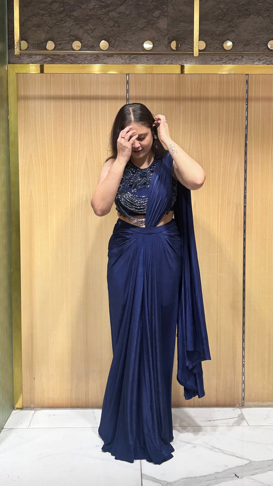 Twisha Navy Blue Draped Saree with Embroidered Blouse