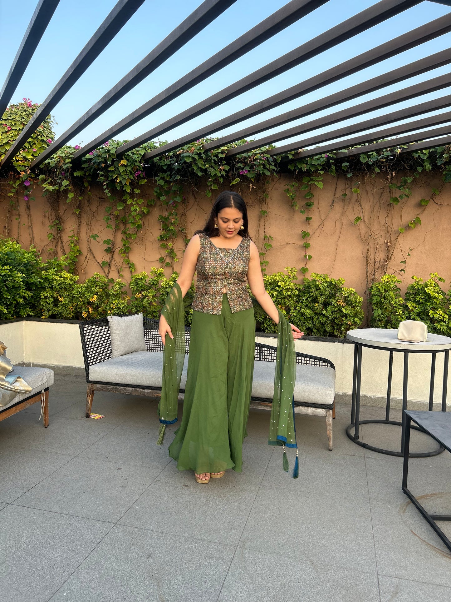 Ailiya Green Printed Indo-Western Jacket Top, Palazzo & Dupatta Set